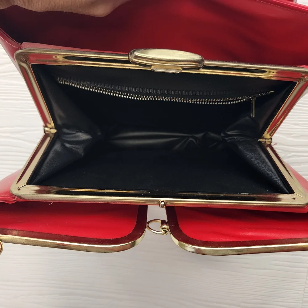 VTG 1950’s Red Faux Leather Handbag w/ Double Top Handles & Gold Hardware Read
